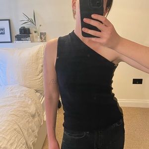 Extreme cashmere reversible one shoulder top in navy and brown